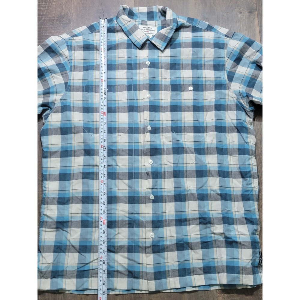 Vintage Ralph Lauren Polo Jeans Co Mens L Blue Plaid Short Sleeve Button Up Y2K